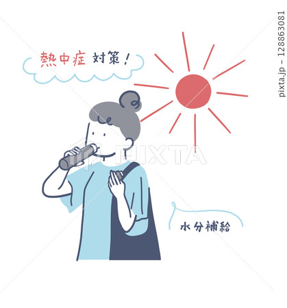 真夏の屋外で水分をとる女性のイラスト素材	 128863081