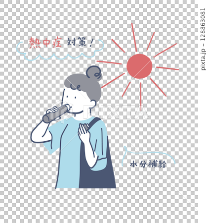 真夏の屋外で水分をとる女性のイラスト素材	 128863081