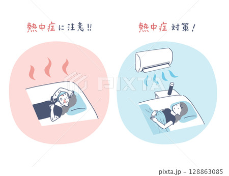 真夏の睡眠時の熱中症対策イラストセット 真夏の睡眠時の熱中症対策イラストセット 128863085