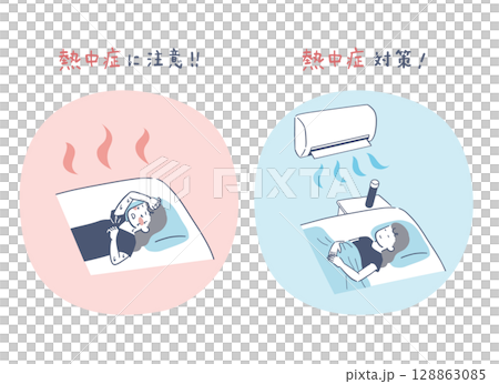 Illustration set of measures to prevent heatstroke while sleeping in midsummer 128863085