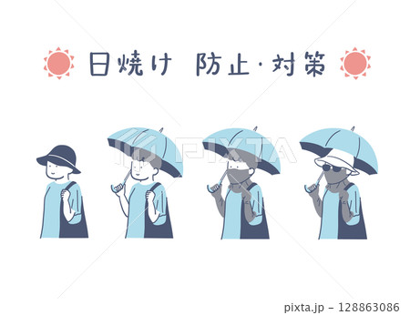 日焼け対策をして歩く女性のイラストセット 128863086