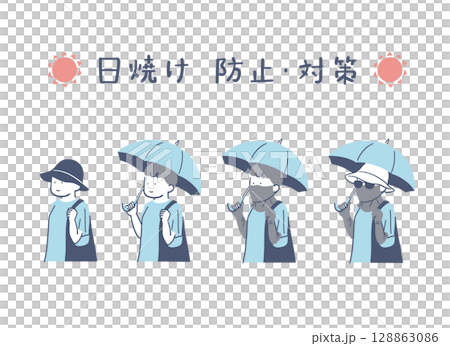 日焼け対策をして歩く女性のイラストセット 128863086