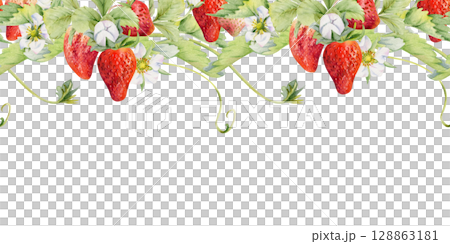 Strawberry berries leaves flowers hanging bunch, vines tendrils creepers garland garden pineberry strasberry. Hand drawn in watercolor. Isolated seamless banner border. Menu, farmers market, florist 128863181