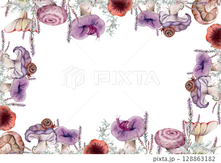 Russula webcap mushroom, snail on top, heather flowers, moss lichen growth. Border frame illustration hand drawn in watercolor. Forest floor, moorland ecosystem. Wild food home preserves labels tags 128863182