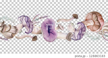 Russula webcap oyster mushroom, moss lichen growth, heather flowers. Nature seamless banner hand drawn in watercolor. Woodland floor habitat scene. Scrapbooking decoupage stationery, wild food market Russula webcap oyster mushroom, moss lichen growth, heather flowers. Nature seamless banner hand drawn in watercolor. Woodland floor habitat scene. Scrapbooking decoupage stationery, wild food market 128863183