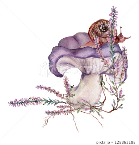 Russula webcap mushroom, snail on top, moss lichen growth, heather flowers. Nature composition hand drawn in watercolor. Forest floor habitat scene. Mycology book illustrations, calendar poster art Russula webcap mushroom, snail on top, moss lichen growth, heather flowers. Nature composition hand drawn in watercolor. Forest floor habitat scene. Mycology book illustrations, calendar poster art 128863188