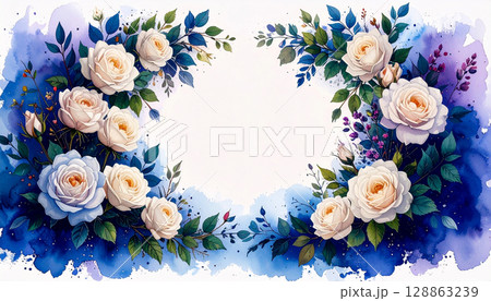 水彩で描いた白い薔薇のフレームの背景素材 128863239