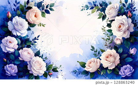 水彩で描いたたくさんの白バラのフレーム 128863240