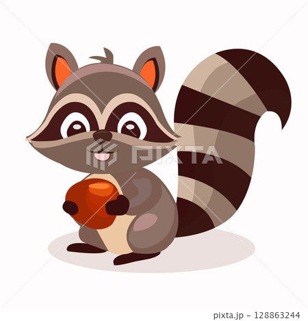 cartoon raccoon. It looks friendly and cute, with big eyes, a cute face and wide dark stripes on its tail. In its paws is a bright orange fruit cartoon raccoon. It looks friendly and cute, with big eyes, a cute face and wide dark stripes on its tail. In its paws is a bright orange fruit 128863244