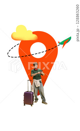 Bold poster of man with suitcase checking phone in front of giant location icon with calm focus Bold poster of man with suitcase checking phone in front of giant location icon with calm focus 128863260