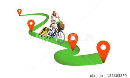 Memphis style collage of young woman riding bicycle with suitcase on curved path and orange location markers 128863279