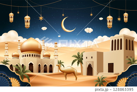 Realistic Arabic Culture and Desert Landscape with Buildings Composition 128863395