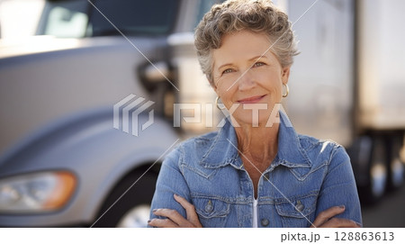 portrait of a woman truck driver 128863613