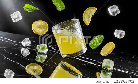 Yellow lemonade in a transparent glass with water droplets on the surface, showing cold condensation. 128863702