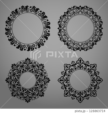 Set of decorative frames Elegant vector element for design in Eastern style, place for text. Floral black and gray borders. Lace illustration for invitations and greeting cards 128863714