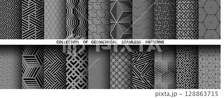 Geometric set of seamless black and gray patterns. Simple vector graphics 128863715