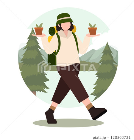 Eco tourism adventure with nature exploration activities. Vector illustration 128863721
