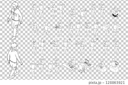 等距插圖:工人設定輪廓女人(單色) 等距插圖:工人設定輪廓女人(單色) 128863921