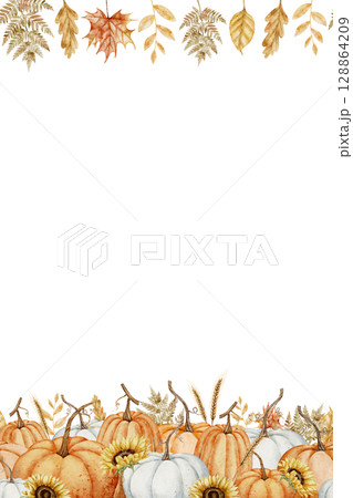 Watercolor Card Template with pumpkins and fall leaves. Illustration of seamless Border for autumn banner. Art of Pattern for harvest festival frame. Background for greeting cards or invitations. 128864209