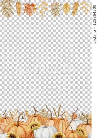 Watercolor Card Template with pumpkins and fall leaves. Illustration of seamless Border for autumn banner. Art of Pattern for harvest festival frame. Background for greeting cards or invitations. 128864209
