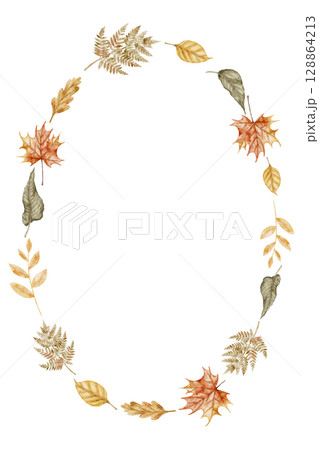 Watercolor card Template with Autumn leaves forming an oval Frame. Illustration of border with fall plants with maple, oak, and fern seasonal invitation designs or harvest festival greeting cards. Watercolor card Template with Autumn leaves forming an oval Frame. Illustration of border with fall plants with maple, oak, and fern seasonal invitation designs or harvest festival greeting cards. 128864213