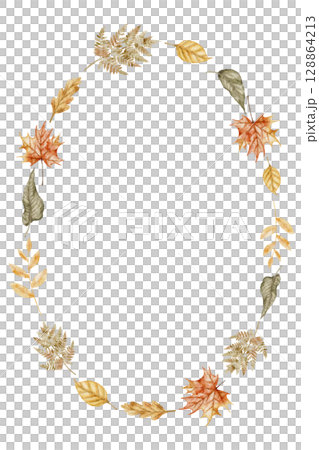 Watercolor card Template with Autumn leaves forming an oval Frame. Illustration of border with fall plants with maple, oak, and fern seasonal invitation designs or harvest festival greeting cards. 128864213