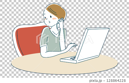 A woman using a computer while on the phone A woman using a computer while on the phone 128864228