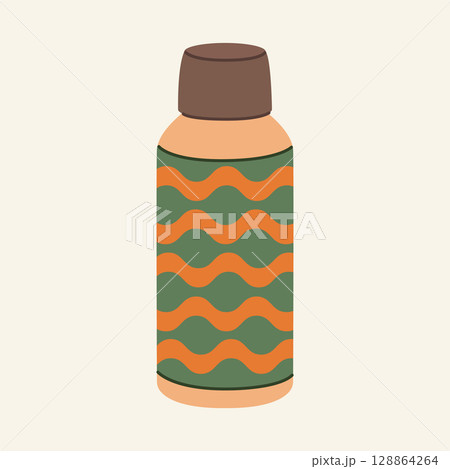 Thermos mug, reusable cup, cup for hot drinks. Travel camping equipment. Vector illustration in flat style 128864264