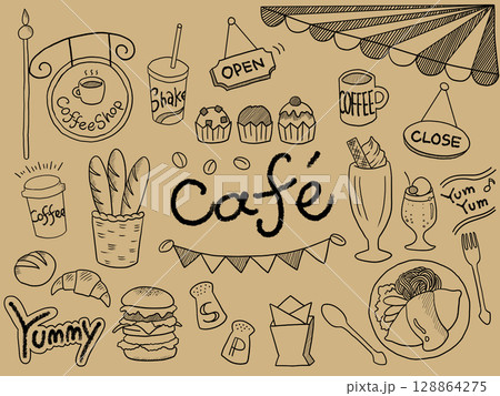 カフェメニューのイラストセット(黒線) カフェメニューのイラストセット(黒線) 128864275