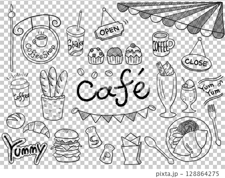 咖啡廳菜單插圖集（黑線） 128864275