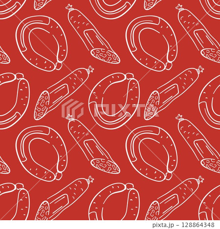 Seamless pattern with line art style sausage and salami on red background. Perfect for butcher shop packaging, restaurant menu, grocery design and kitchen wallpaper. Seamless pattern with line art style sausage and salami on red background. Perfect for butcher shop packaging, restaurant menu, grocery design and kitchen wallpaper. 128864348