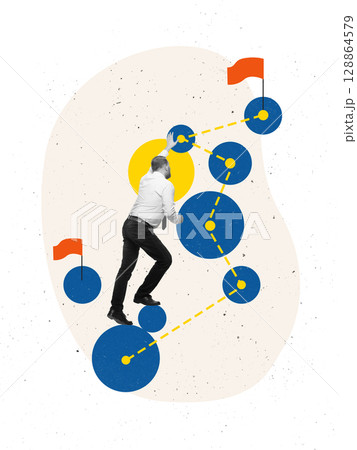 Creative colorful artwork of man climbing dotted path of blue circles toward red goal flag 128864579