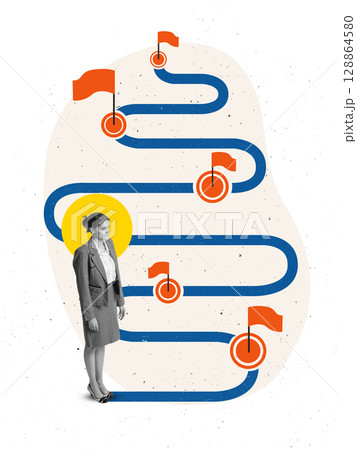 Digital collage of woman in suit standing before winding road with multiple red flags Digital collage of woman in suit standing before winding road with multiple red flags 128864580