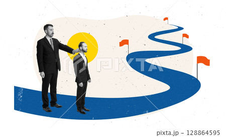 Contemporary collage of man leading smaller colleague along winding road with flags on way 128864595