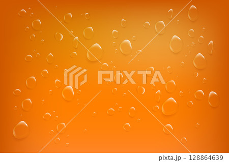 Orange background with realistic glossy water drops Orange background with realistic glossy water drops 128864639