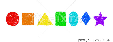 Colorful Crayon Shapes in a Row Showcasing Various Geometric Forms 128864956