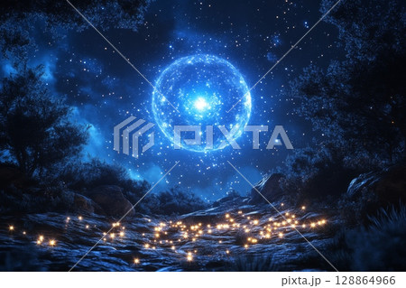 Enchanting Starry Sky with Glowing Lights and Moon 128864966