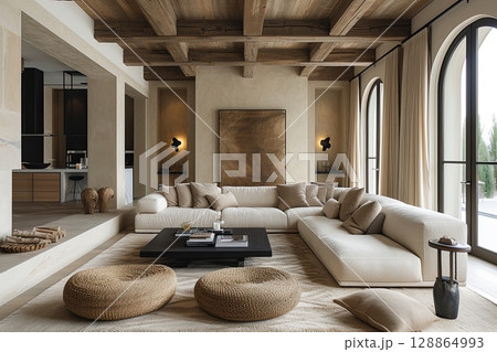 Rustic Living Room With Wooden Beams 128864993