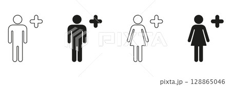 Male And Female With Plus Sign Icon Set. Gender Representation And Addition Concept Outline And Silhouette Symbol Collection. Healthcare And Social Interaction. Isolated Vector Illustration 128865046