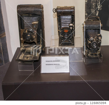 07.07.2025 - Minsk, Belarus - Vintage cameras on display of the cinematography museum 128865094