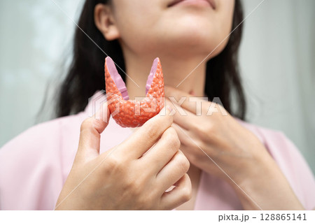 Hyperthyroidism, Overactive Thyroid, Thyroid Lymphoma, Asian woman with thyroid gland human anatomy model. 128865141
