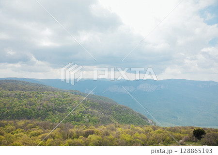 landscape on the mountains, green forest and blue sky with clouds landscape on the mountains, green forest and blue sky with clouds 128865193