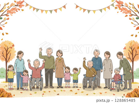 秋のイベントに集まる三世代家族と介護スタッフのフレームイラスト 128865485