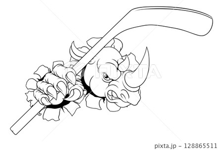 Rhino Rhinoceros Ice Hockey Cartoon Sports Mascot 128865511