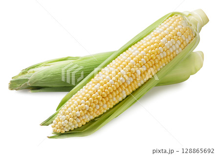 Two corn cobs close-up on a white. Isolated 128865692