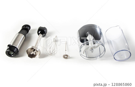 Modern set for immersion blender with whisk, milk frother and bowl on white background. Modern household appliances, close-up 128865860
