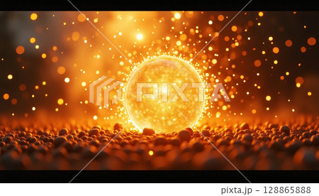 A radiant sphere of light bursts forth, surrounded by a cascade of glowing particles. The captivating display creates a mesmerizing atmosphere, evoking warmth, wonder, and movement Generative AI 128865888