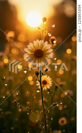 In the warmth of the sunset, colorful daisies stand tall, adorned with glistening droplets Generative AI 128865894