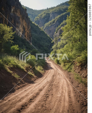 A tranquil dirt road meanders through vibrant green hills, nestled between towering rocky cliffs, inviting exploration on a sunny day. Nature thrives in this peaceful setting Generative AI 128865967