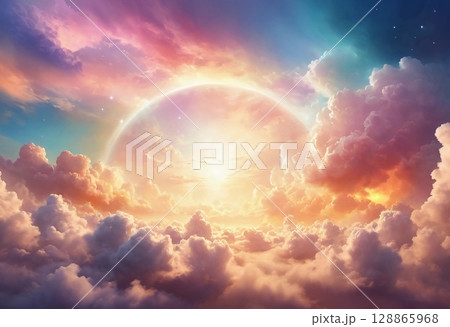 Soft pastel shades fill the sky as the sun rises above a layered expanse of clouds. The tranquil atmosphere invites reflection and a sense of wonder at nature beauty Generative AI 128865968